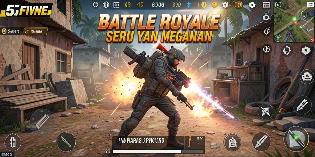Screenshot menunjukkan aksi seru dalam game Battle Royale.