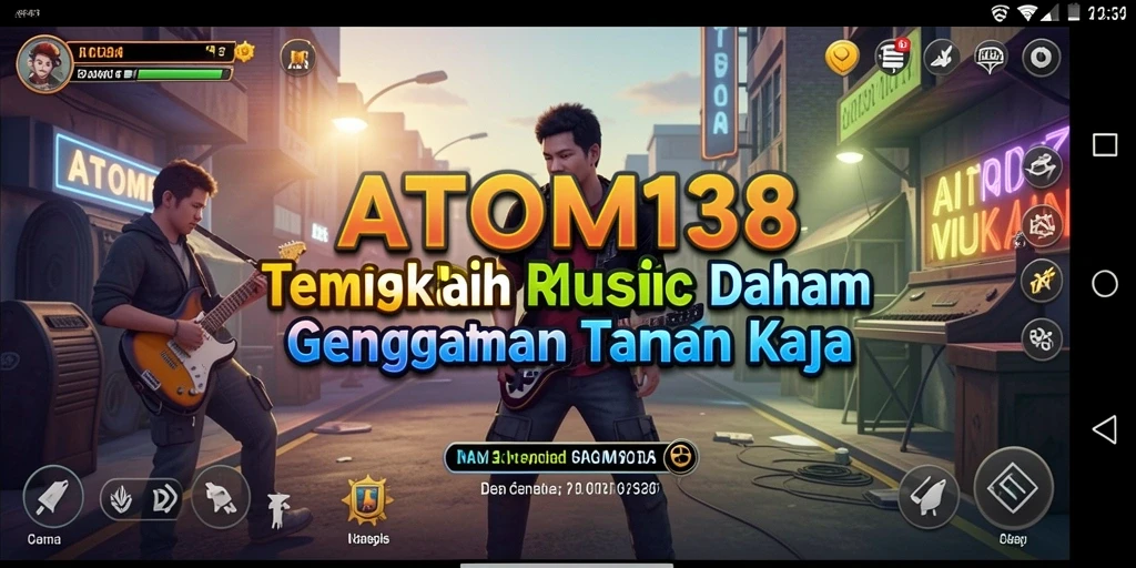 Tampilan gameplay ATOM138 dengan berbagai lagu musik dan tantangan.