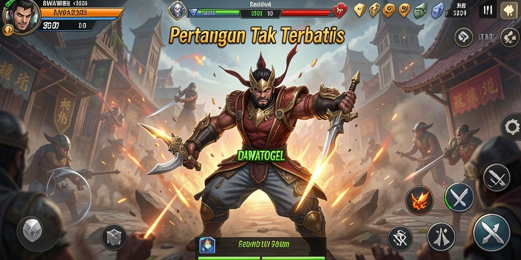 Tampilan gameplay DAWATOGEL dengan pertarungan yang intens.
