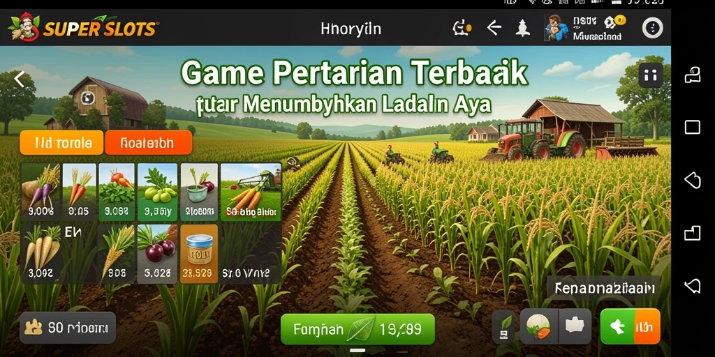 Screenshot gameplay SUPERSLOTS menampilkan ladang yang subur dan penuh aktivitas.